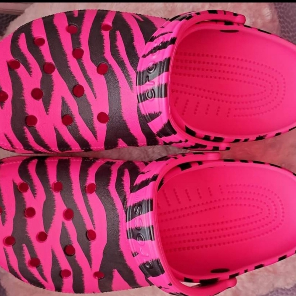 Pink Zebra Crocs Womens Size 12 fit 11